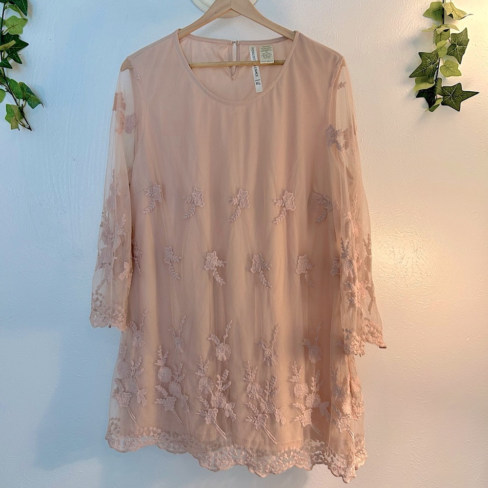 Forgotten Grace Blush Pink Floral Lace Long Sleeve Mini Dress
